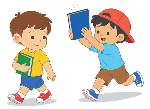 Kid returning forgotten book to friend at school, helping classmate concept