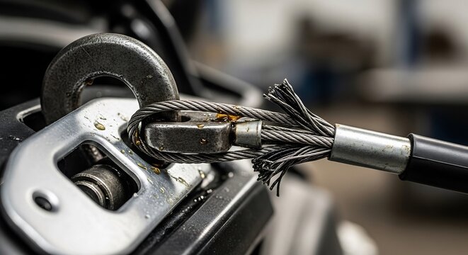 Close up of a frayed steel cable attached to a metal hook.
