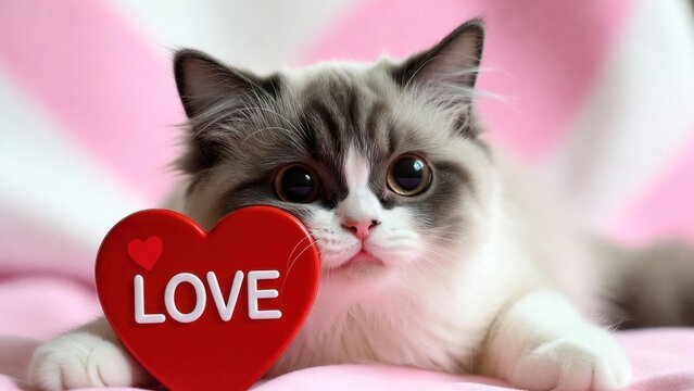 Kitten posing with heart love sign on pink blanket backdrop