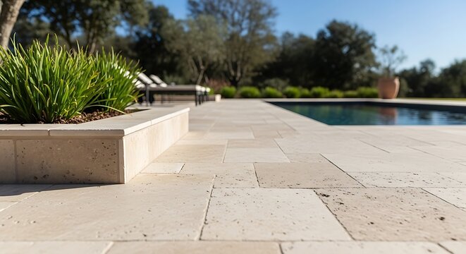 Sunny outdoor poolside patio with stone paving and lush green plants surrounding a swimming pool