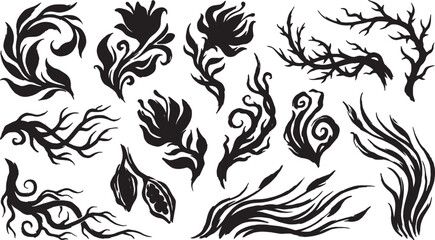 A collection of stylized black floral and vine decorative elements isolated on a white background © GraphicGrove