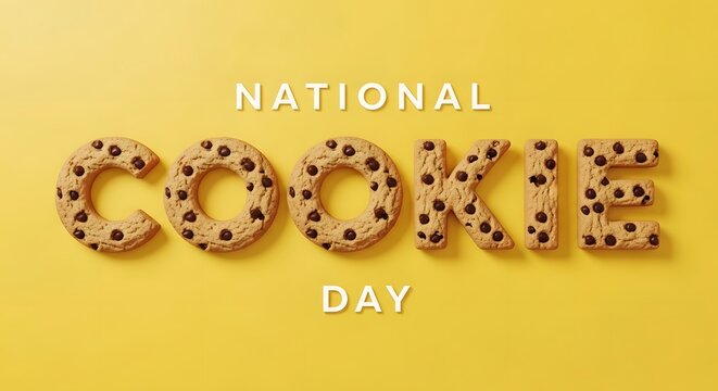 National cookie day text made of chocolate chip cookies on yellow background