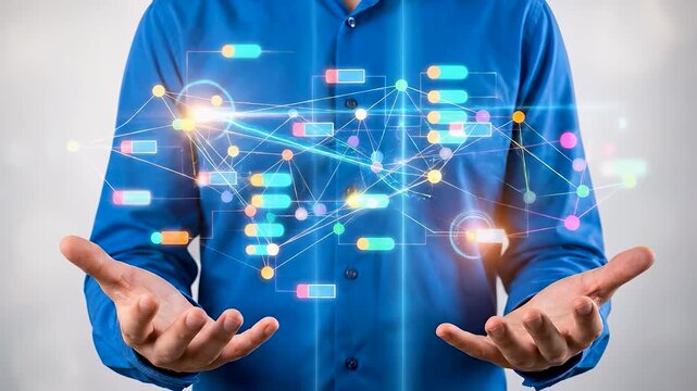 Businessman interacting with a futuristic holographic data network and information nodes, digital hologram of a complex network graph visualizing big data integration and cloud technology.