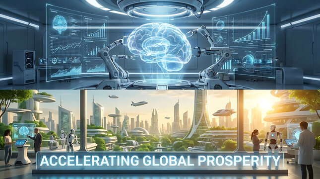 Futuristic artificial intelligence exhibiting recursive improvement within neural networks accelerating global human prosperity through advanced digital evolution and autonomous cognitive growth.