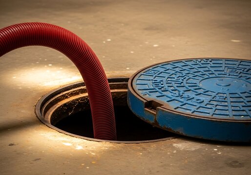Red flexible corrugated hose entering an open blue manhole cover on a concrete surface