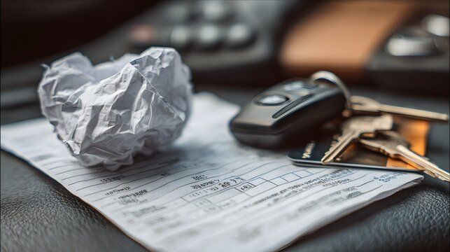 Crumpled gas receipt with car keys and credit card on a dark surface
