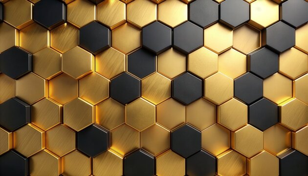 Luxury Black and Gold Hexagonal Geometric Background - Abstract Tech Honeycomb Surface with Metallic Texture