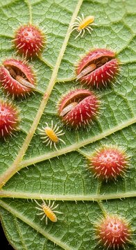 Close-up of a green leaf with red thorny galls and tiny yellow creatures