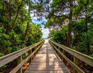 Fototapeta premium Wooden boardwalk extends toward sunlit beach through lush green tropical foliage under a blue sky with scattered clouds