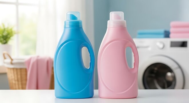 Two colorful plastic bottles of liquid laundry detergent displayed in a domestic laundry room setting