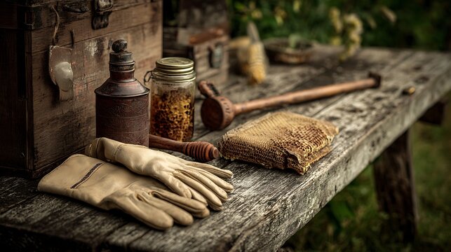 Rustic wooden table displays beekeeping tools gloves, mallet, honey, and old wooden box