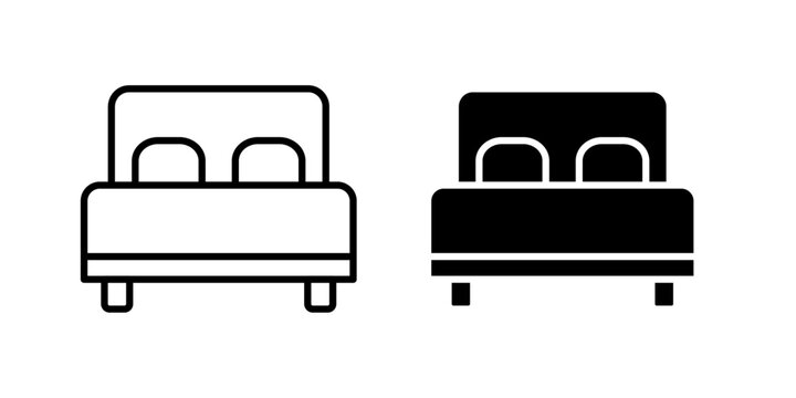 
Bed icon in outline and solid style. Ideal for hotel, sleep tracking, and home decor apps on white background.
