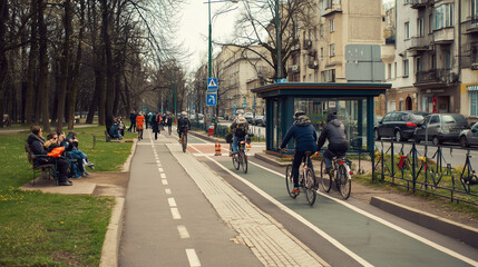 Naklejka premium Bicycle lane in a modern city with cyclists commuting ,people, people in transport, people sitting in the tee house, people playing in the park, transport, photo style