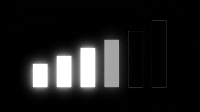 Progression bar graph increasing in height with illuminated white bars on black background