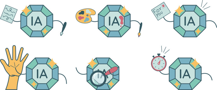 Set de 6 ic&ocirc;nes / illustrations vectorielles sur l&rsquo;intelligence artificielle (IA) (flat design, style cartoon, couleurs)