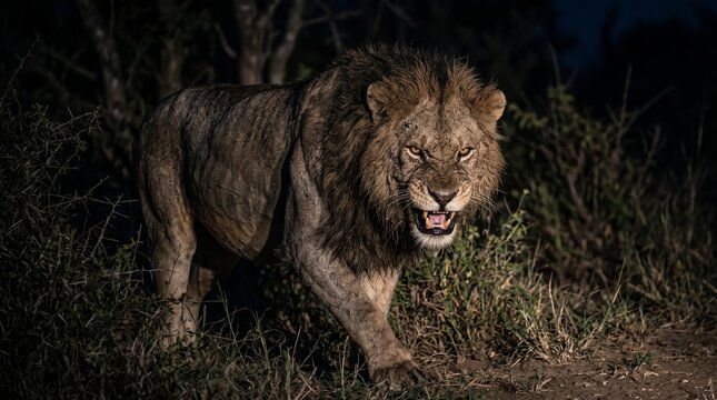 Male lion walking in darkness