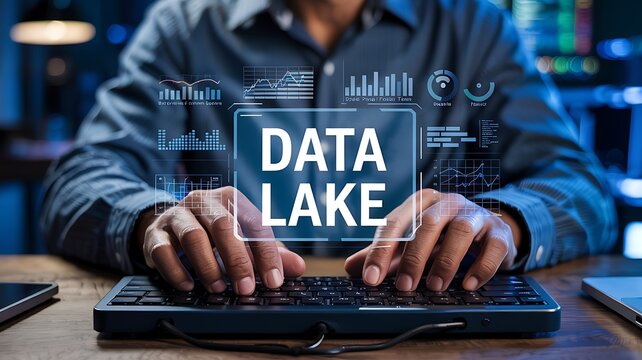 Data lake concept a person typing on a laptop with a digital data lake overlay representing modern data management