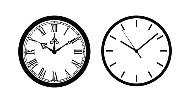 Two wall clocks with roman numerals and simple face silhouette