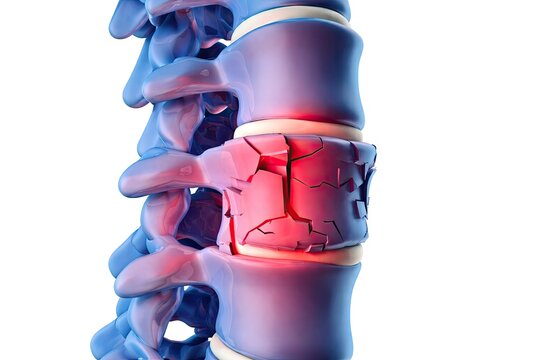 Lumbar spine vertebrae compression fracture damaged inter vertebral disc herniation spinal injury inflammation medical anatomy detailed view isolated on white background