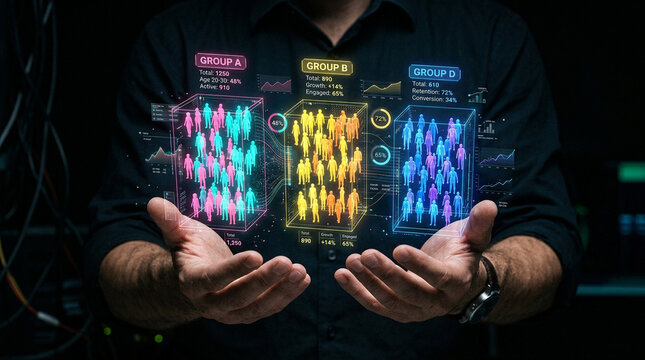 Hands displaying three separate glowing vertical columns of stylized people icons population data visualization concept user interface population technology futuristic analysis segmentation
