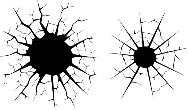 Black cracked hole shapes white background, shattered effect broken impact damage