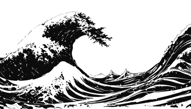 Tsunami wave illustration depicts a powerful surge of water crashing with intricate detail.