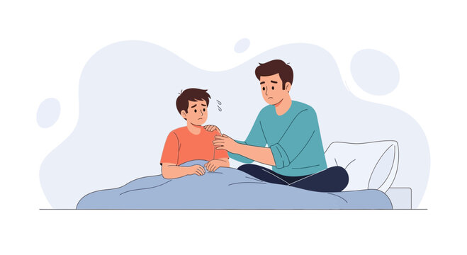 Father Comforts Sick Child in Bed, Caring Parent Showing Empathy and Support
