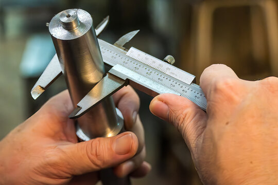 Skilled machine operator measuring the outside diameter of a metal shaft using a vernier caliper.