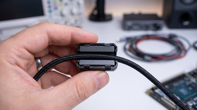 Close up of technician hand installing black ferrite clamp on braided power cable for EMI noise reduction in electronics laboratory