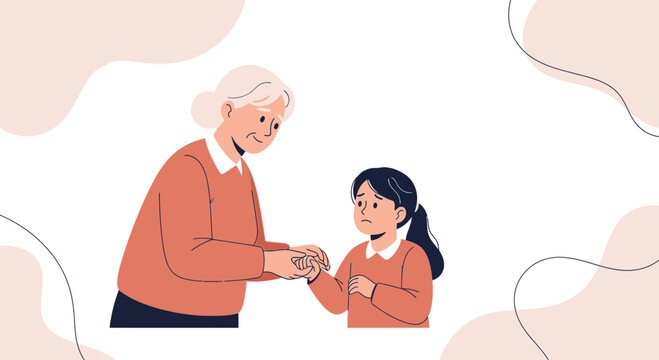 Grandmother comforting sad granddaughter, holding hands, family support, intergenerational bond