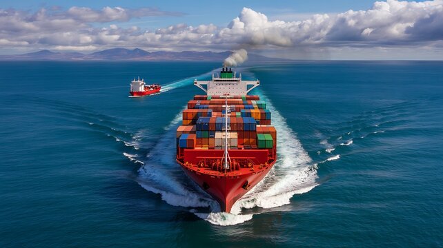 Massive red container ship navigates coastal waters with a tugboat escort approaching a distant city skyline