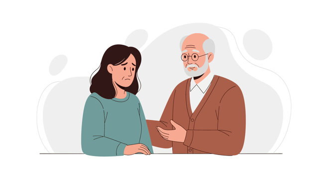Grandfather comforting sad granddaughter, emotional support, family care, understanding