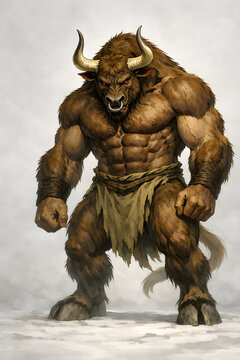 poderoso e muscolo minotauro coperto di una folta pelliccia, sguardo feroce e vestito di pelli, mito e leggenda, powerful and muscular minotaur covered in thick fur, fierce gaze and dressed in skins, 