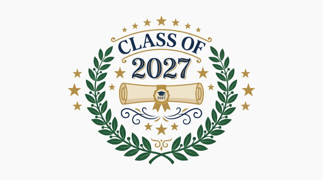 Graduation class of 2027 design with a certificate, star, and laurel wreath emblem. Isolated on a white background