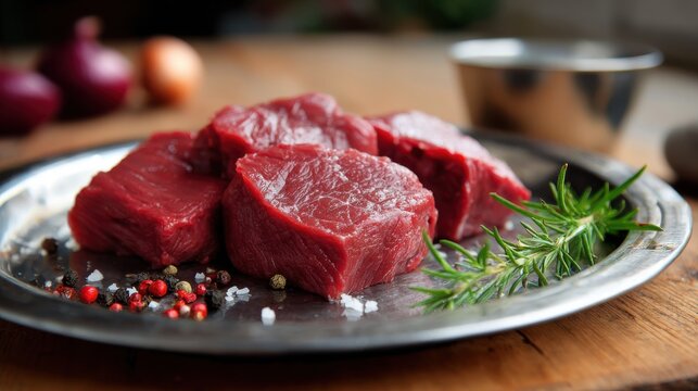 Raw beef steak chunks on a rustic metal plate with rosemary, peppercorns, and sea salt