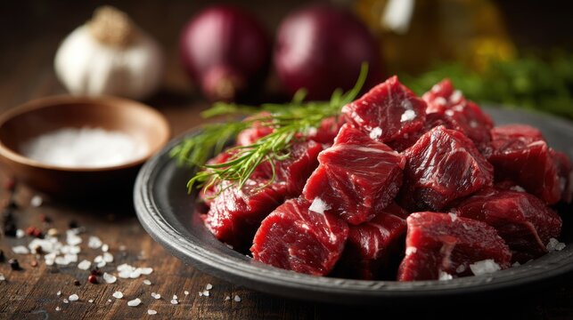 Fresh raw diced beef meat cubes on a plate with salt, herbs, and vegetables on a rustic wooden table