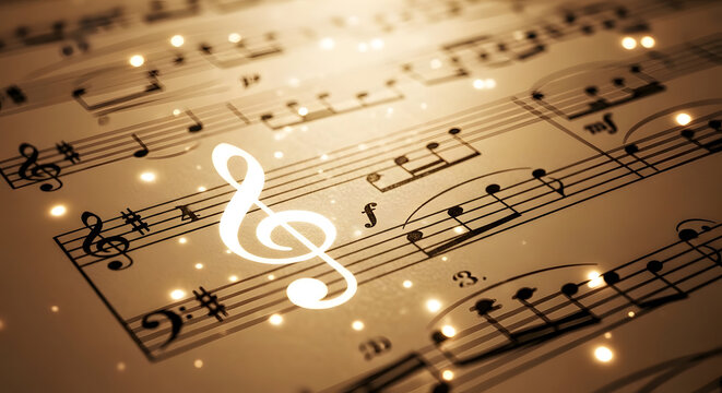 Elegant musical composition a close up of sheet music with a glowing treble clef