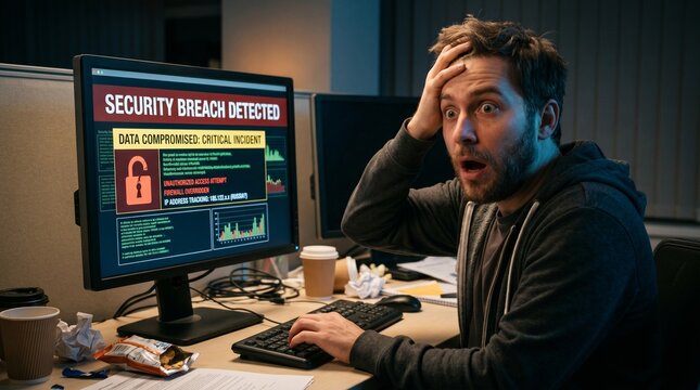 Shocked IT professional at a computer desk reacting to a critical data security breach and unauthorized access notification on screen in a dark office.