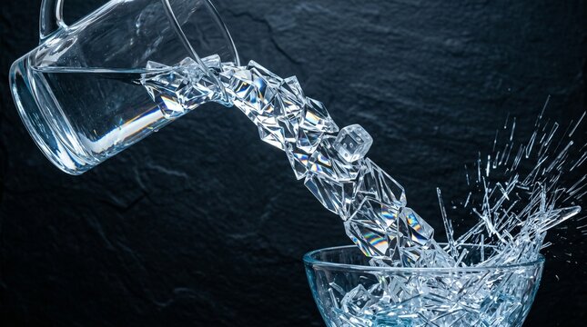 Water poured from a pitcher that looks like liquid glass (sharp, shattering, solid)
