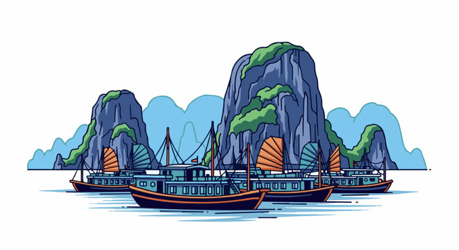 Stylized illustration of traditional boats sailing near rocky islands