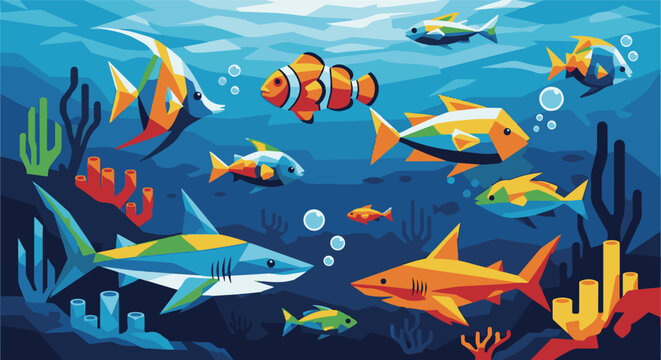 Stylized, low-poly aquatic scene with various colorful fish and sharks