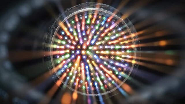 Optical Fiber Bundle Cross-Section: Light Pulses Traveling Through Fiber Cores, Data Transmission