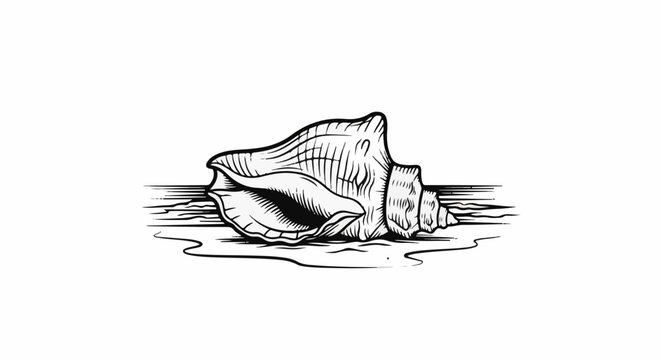Stylized illustration of a conch shell resting on water