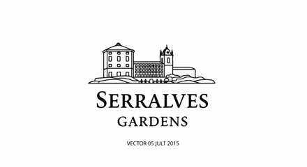 Naklejka premium Stylized line art depicts a grand estate with a clock tower