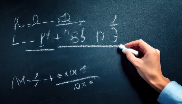Close-up of a hand writing complex mathematical equations on a chalkboard with chalk.