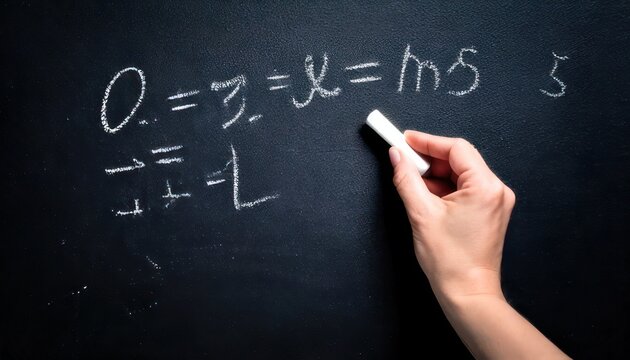 Close-up of a hand writing mathematical equations on a chalkboard with chalk.