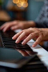 Fototapeta premium Beginner hands poised above piano keys with digital tablet beside keyboard