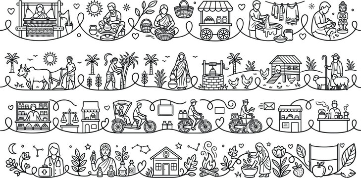 Village life and traditional occupations border set featuring rural farming craftsmanship community services culture and daily activities line art style.