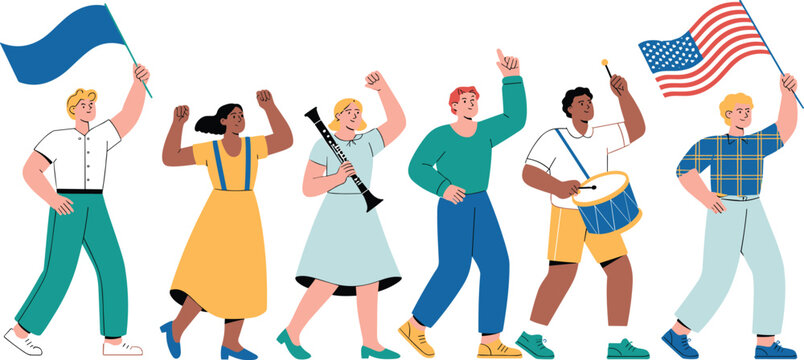 Vector illustration of diverse people marching with flags, instruments, and festive expressions for celebration and unity themes