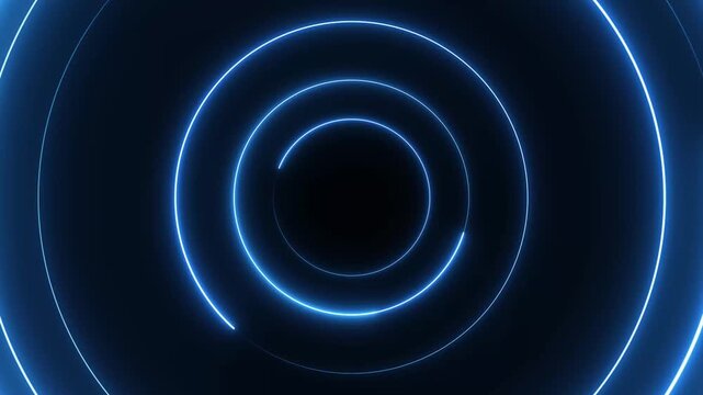 Glowing blue neon circles expanding in a rhythmic tunnel motion against a deep black background creating a futuristic portal effect with smooth light trails